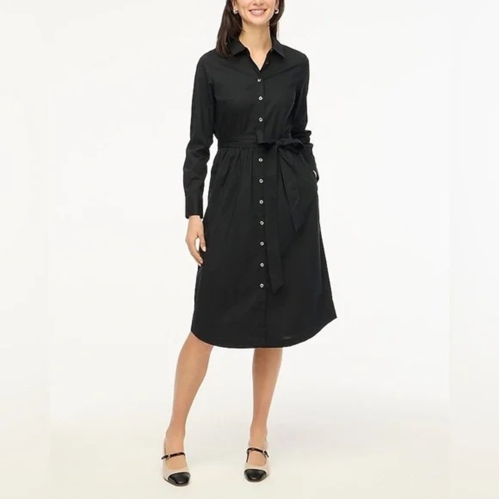 J. Crew Factory Size 2 Long-Sleeve Button Tie Belt Poplin Shirt-Dress Black NWT